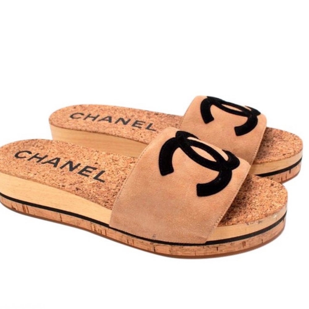 Chanel Suede Cork Mule Sandal Beige